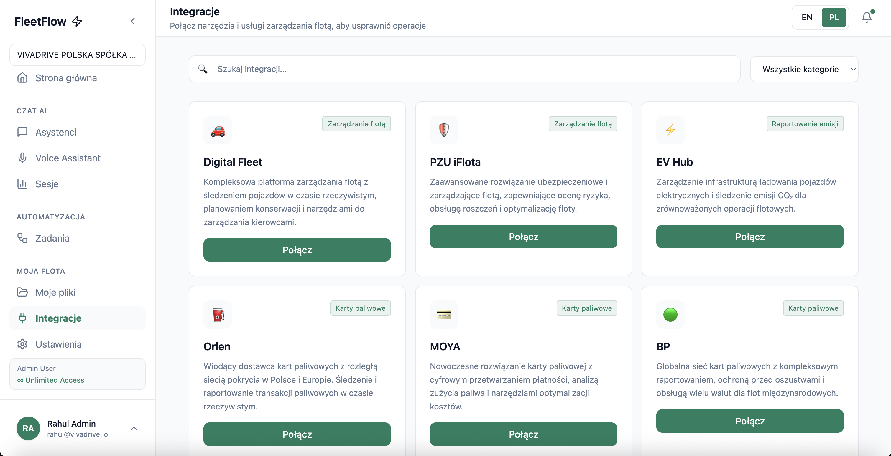 FleetFlow Integracje z Systemami - Bezproblemowa integracja z telematyką GPS, kartami paliwowymi, systemami ERP, platformami ubezpieczeniowymi i narzędziami zarządzania flotą, w tym PZU iFlota i Digital Fleet